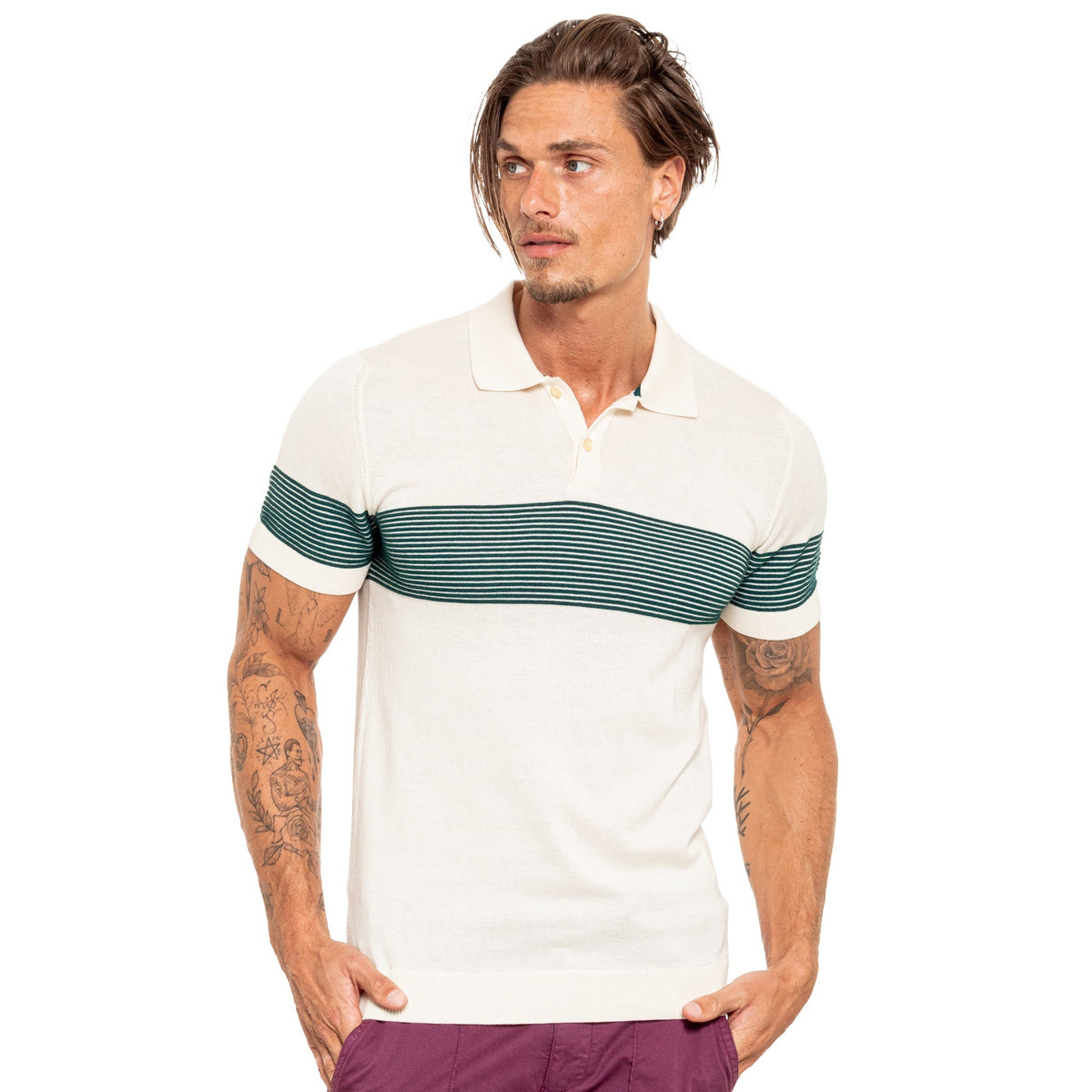 Striped Chest Knit Polo - Beige – Eight-X
