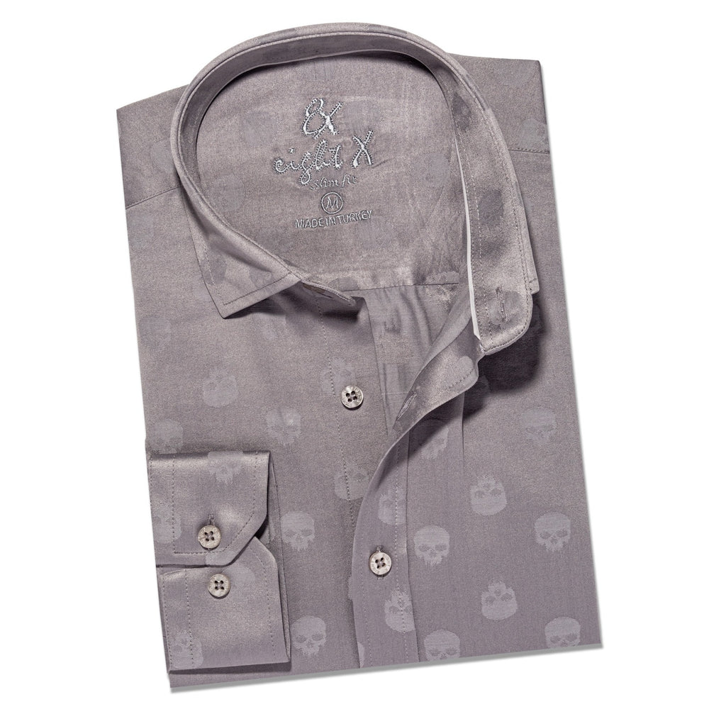 Skull Jacquard Button Down Shirt - Grey Button Down Shirts Eight-X GREY S 