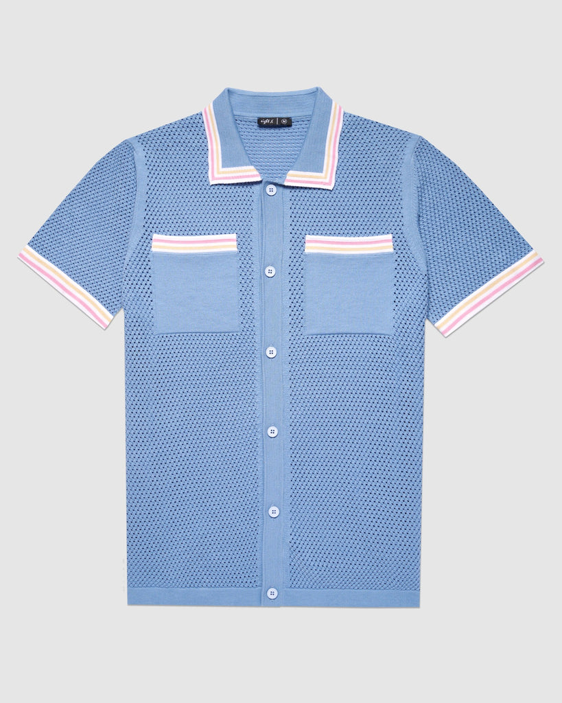 The Sundae Crochet Short Sleeve Button Up Shirt - Blue Moon Button Up Shirts Eight-X LIGHT BLUE S 