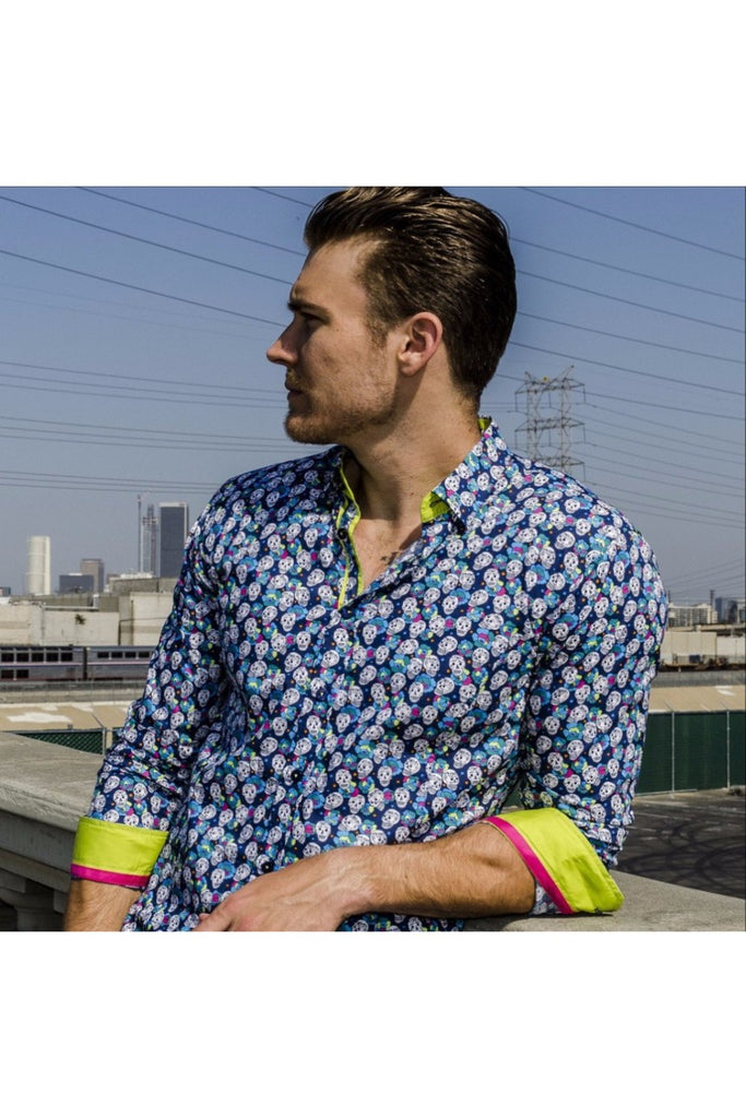 Navy Skulls And Roses Button Down Print Shirt Long Sleeve Button Down EightX   