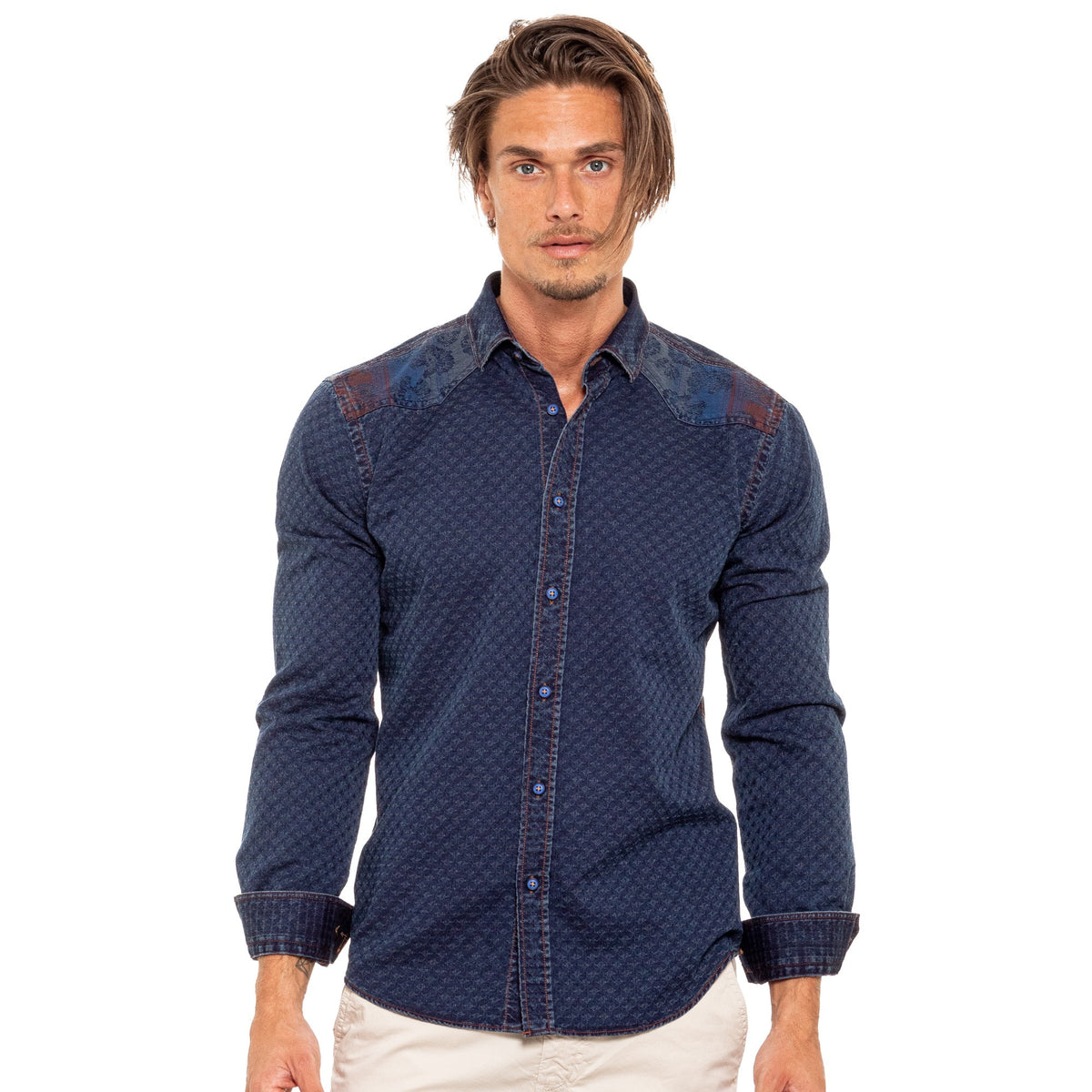 Copper Stitch Denim Jacquard Button Down Shirt - Floral Special – Eight-X