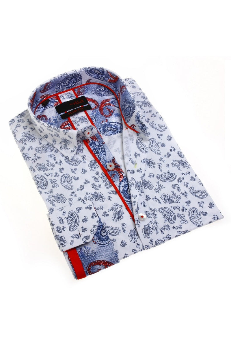 Eight-X | Designer Dress Shirts | Navy Paisley Pattern Shirt With Trim