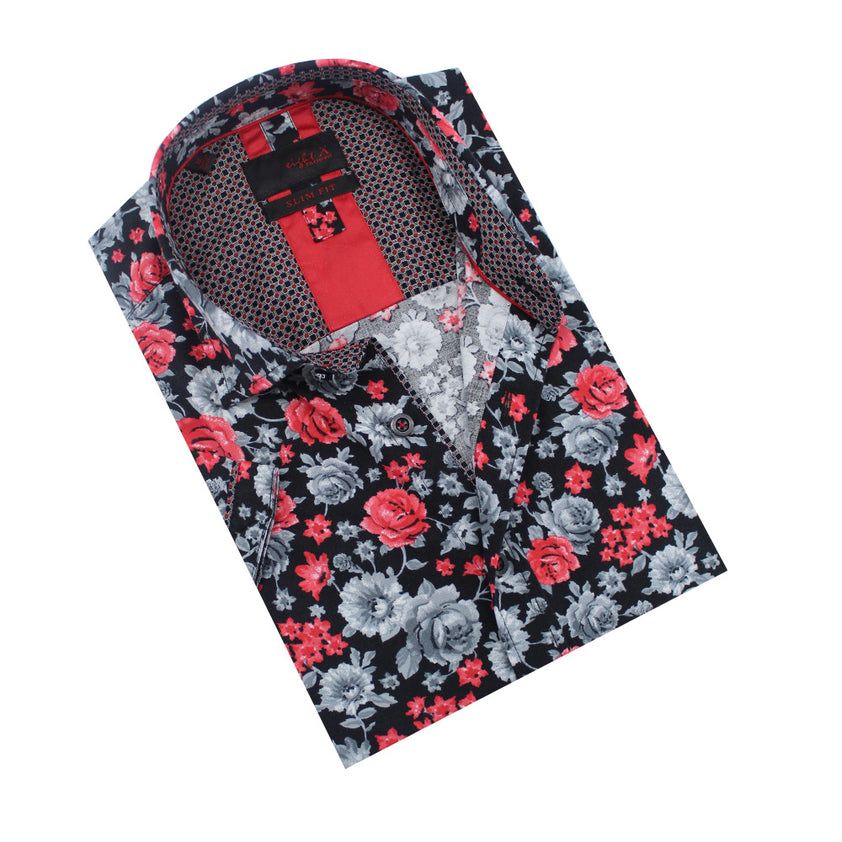 Eight-X | Designer Dress Shirts | Red Monochromatic Rose Print Shirt