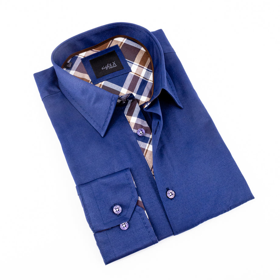 Camisa blanca con botones y ribete de cuadros azules – Eight-X