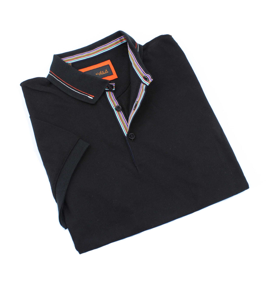 black polo shirt with orange trim